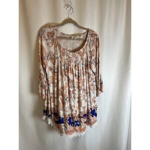 Cato EST 1946 Blue Orange Jersey Peasant Top Lace Edging Ruffle Sleeve Sz 14/ 18